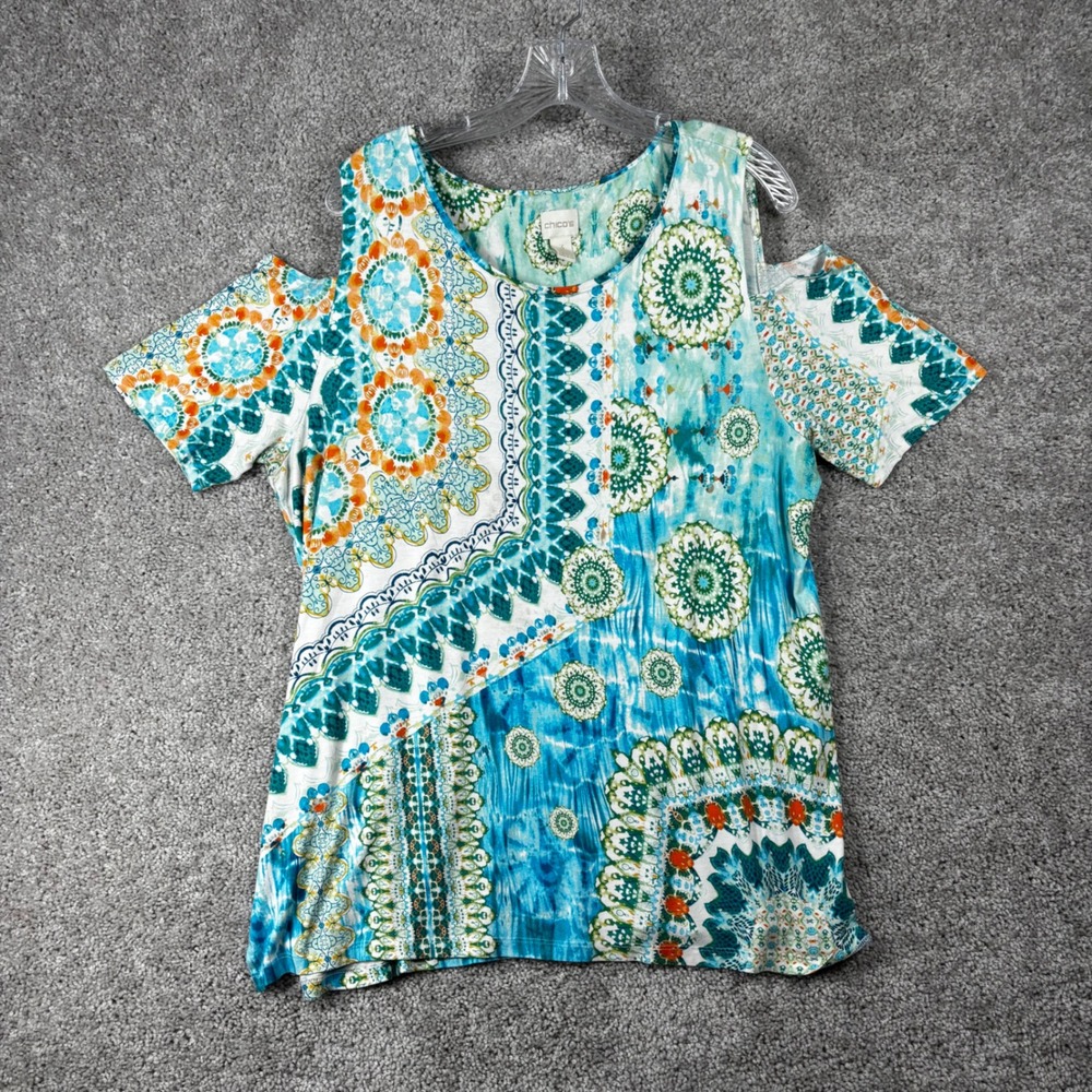 Chicos Blue Mandala Cold Shoulder Top Womens Size 3 XL Rayon Spandex Stretch